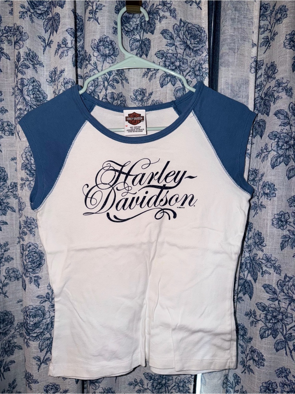 Harley-Davidson Women’s White Tank with Blue Raglan Sleeves & Script Logo